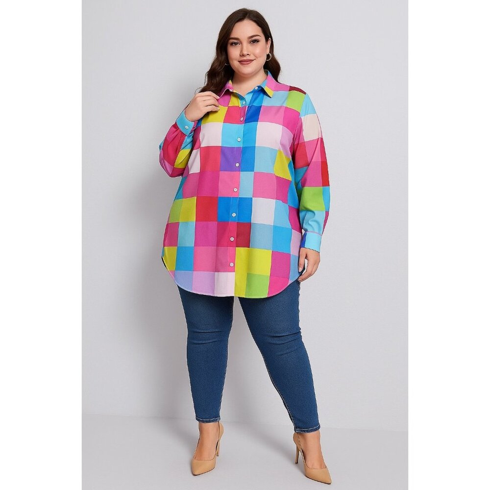 SHEIN Color Block Button Down Shirt Multicolor Size XXL